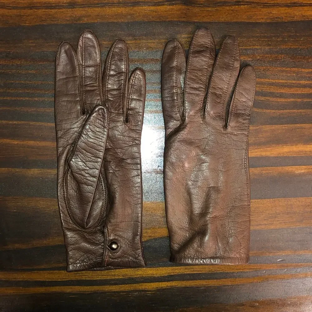 Vintage Van Raalte 100% Silk Brown Short Pair of Gloves Button Closure Formal